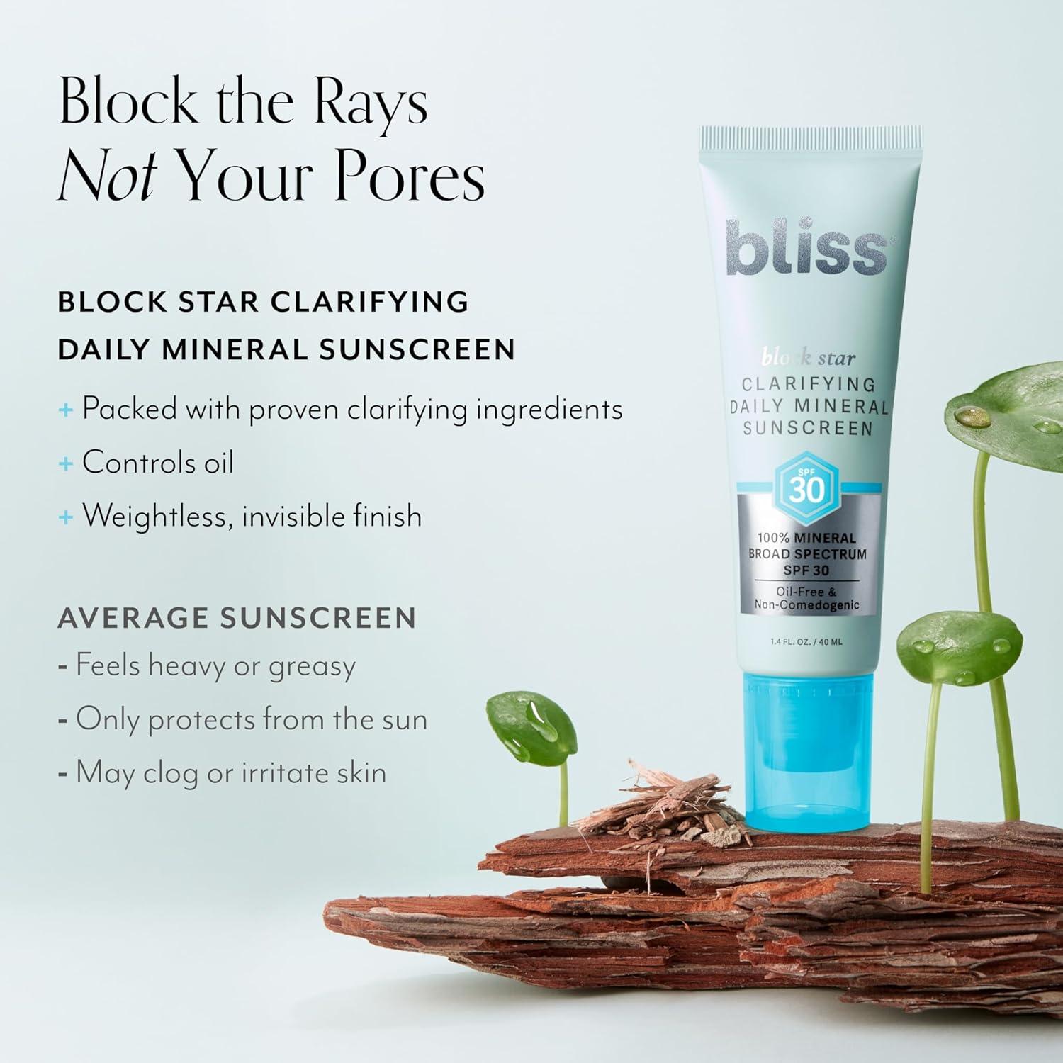 imageBliss Block Star SPF 30 Daily Tinted Mineral Sunscreen with Zinc Oxide  All Skin Tones  100 Mineral Broad Spectrum Sunscreen with Titanium Dioxide ampamp Antioxidant Blend 14 fl ozBlock Star Clarifying SPF
