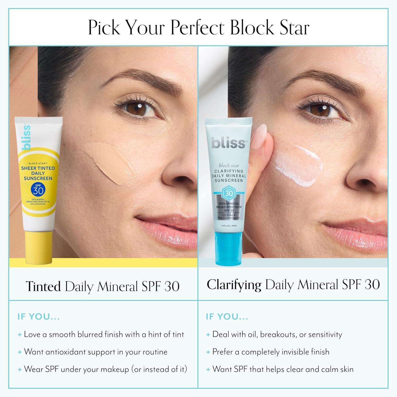 imageBliss Block Star SPF 30 Daily Tinted Mineral Sunscreen with Zinc Oxide  All Skin Tones  100 Mineral Broad Spectrum Sunscreen with Titanium Dioxide ampamp Antioxidant Blend 14 fl ozBlock Star Clarifying SPF
