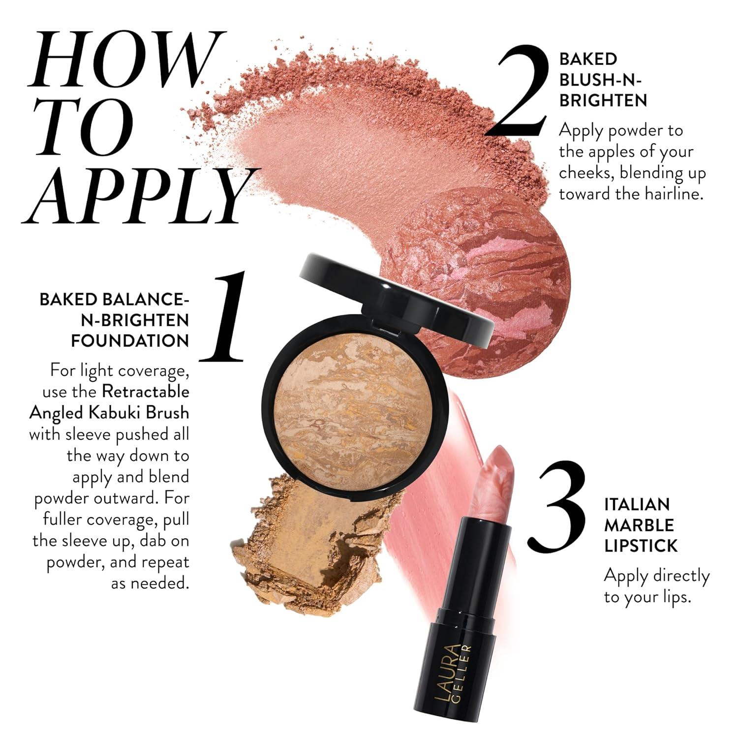 imageLAURA GELLER NEW YORK Marble Magic Kit Baked BalancenBrighten Powder Foundation Fair  Baked BlushnBrighten Pink Buttercream  Italian Marble Lipstick Berry VanillaSand