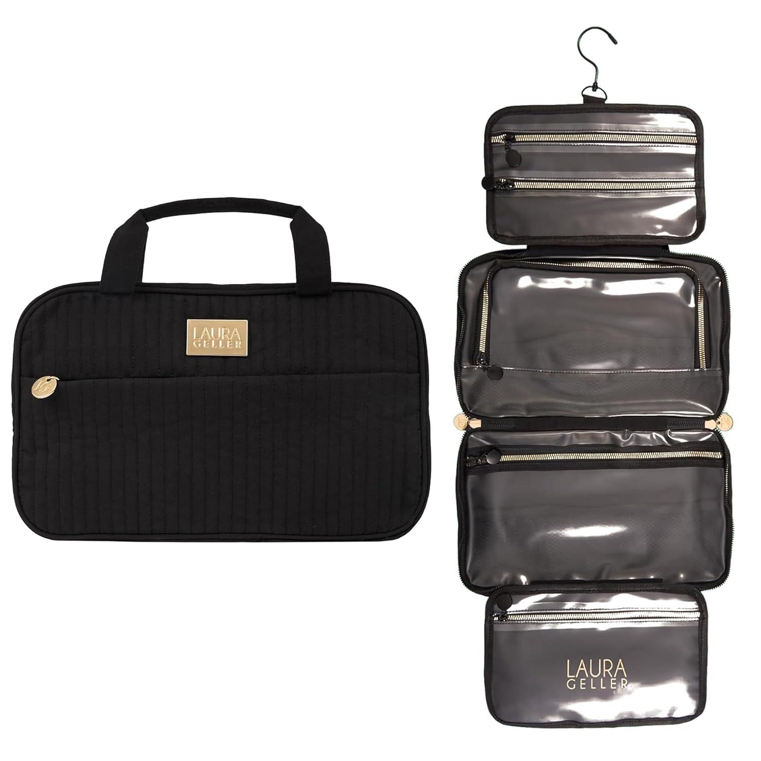 imageLAURA GELLER NEW YORK Quilted Folding Travel Makeup Bag Black  Hanging Toiletry Bag Organizer for Travel  Large Capacity Full Size Makeup Bag  Easy to Clean