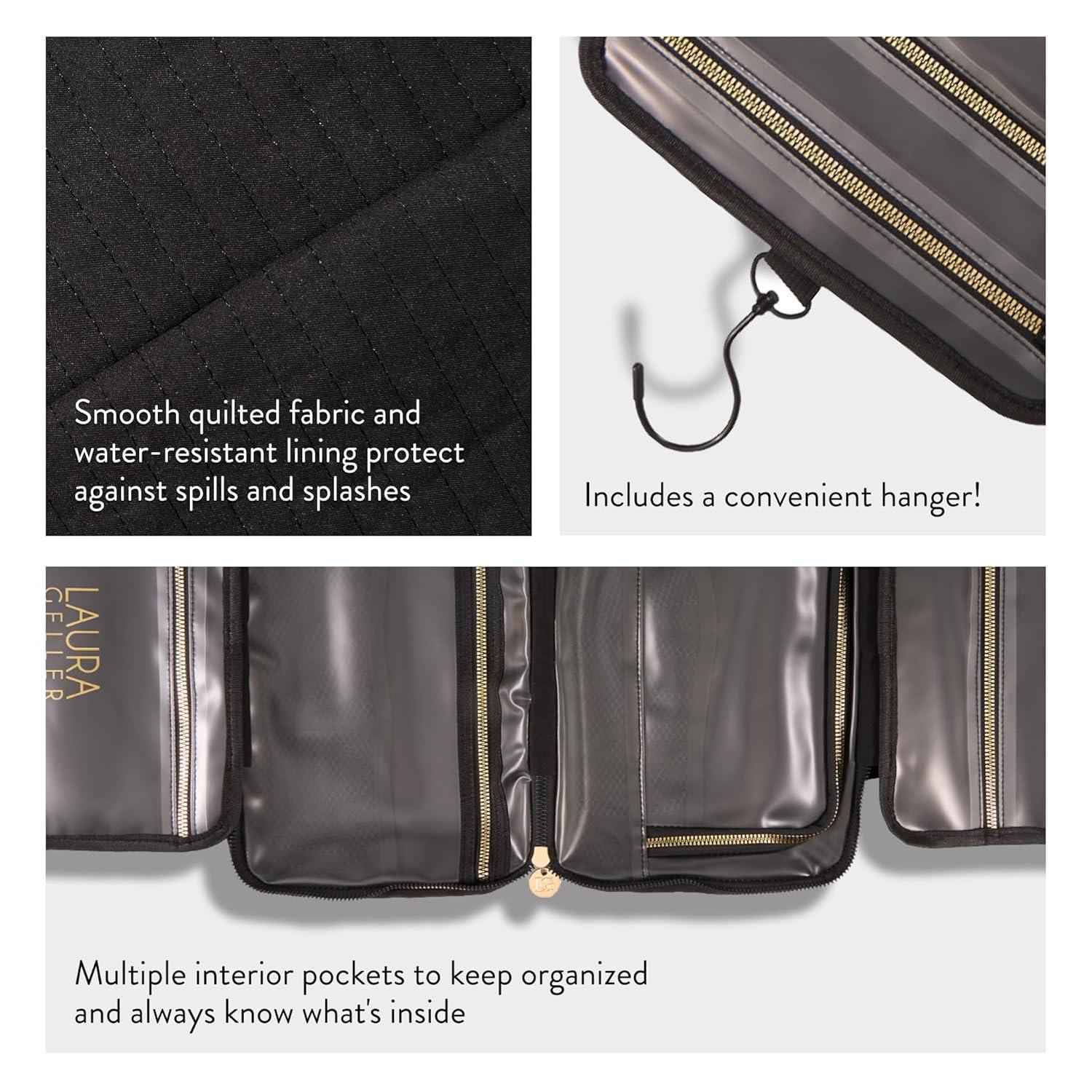 imageLAURA GELLER NEW YORK Quilted Folding Travel Makeup Bag Black  Hanging Toiletry Bag Organizer for Travel  Large Capacity Full Size Makeup Bag  Easy to Clean