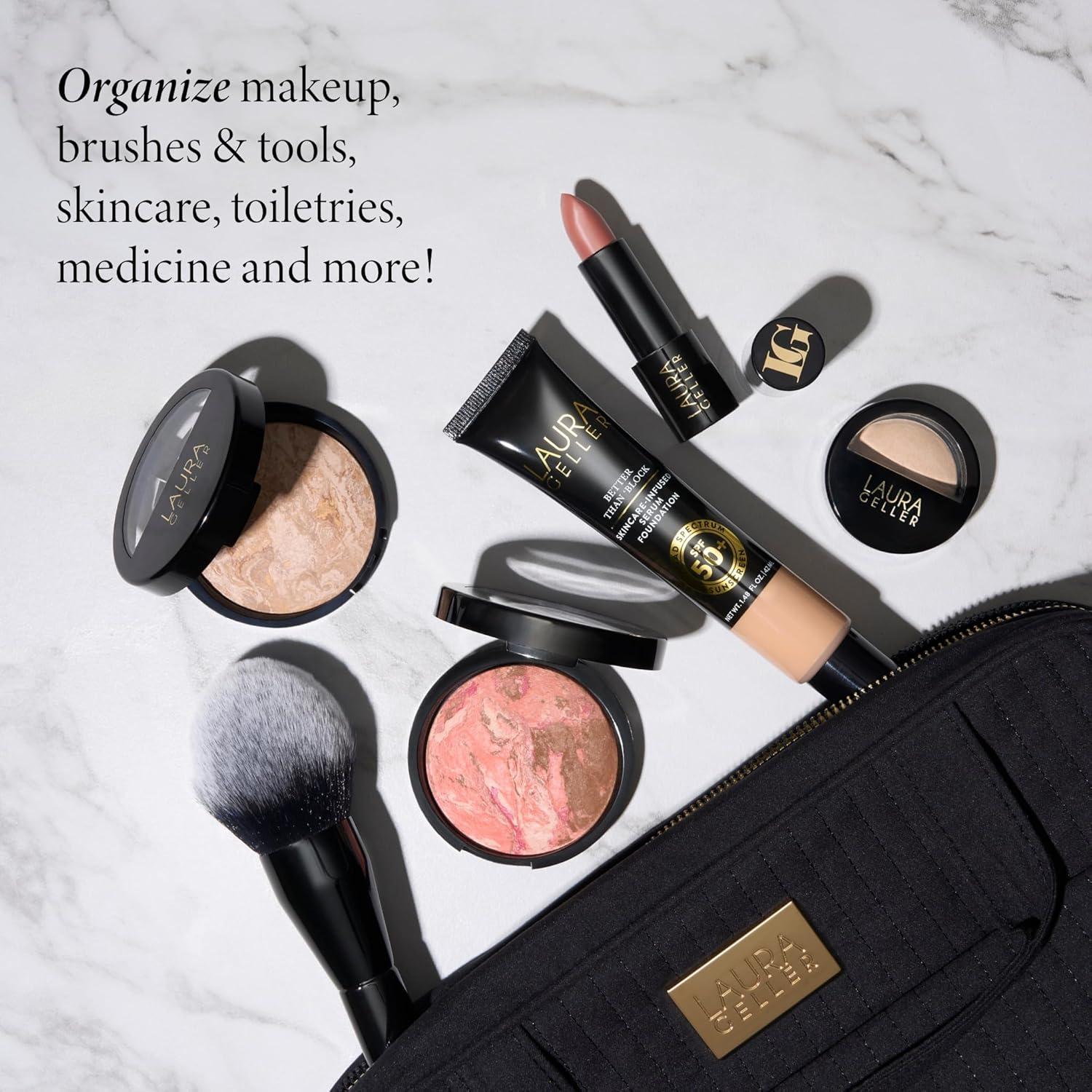 imageLAURA GELLER NEW YORK Quilted Folding Travel Makeup Bag Black  Hanging Toiletry Bag Organizer for Travel  Large Capacity Full Size Makeup Bag  Easy to Clean