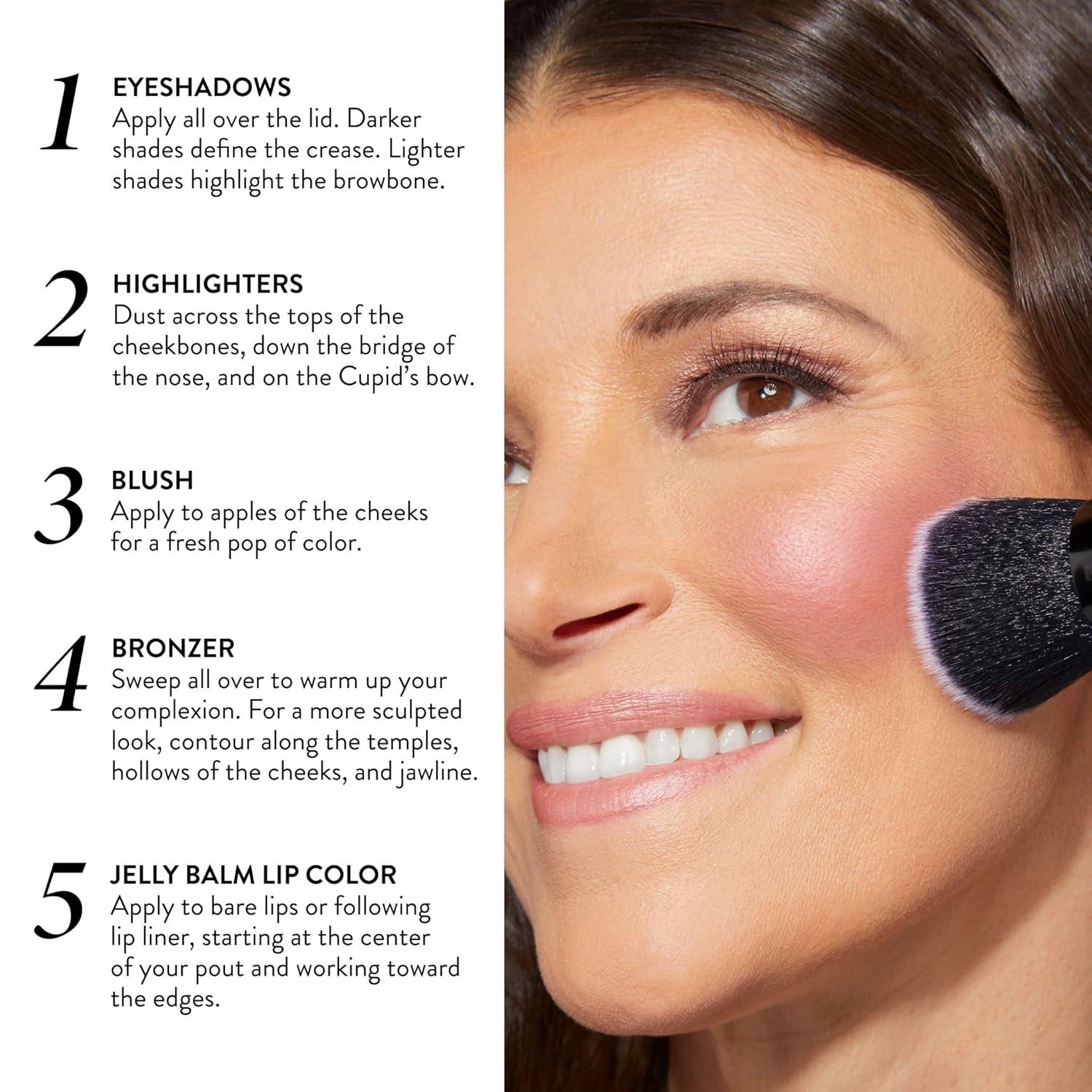 imageOwn Your Age Kit Best of the Best Palette  Jelly Balm Tinted Lip Color Just Peachy  Retractable Angled Kabuki Brush