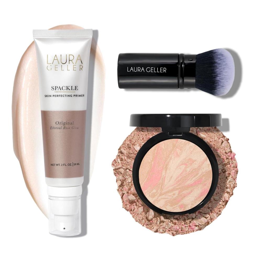 imageLAURA GELLER NEW YORK Baked BalancenBrighten Powder Foundation  Porcelain  Spackle SuperSize Skin Perfecting Makeup Primer  Ethereal Rose Glow  Retractable Airbrush Kabuki Brush