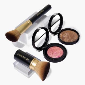 imageLAURA GELLER NEW YORK Fast Face Set Baked BalancenBrighten Powder Foundation Tan  Baked BlushnBrighten Pink Buttercream  Airbrush Kabuki  Angled Blush Brush